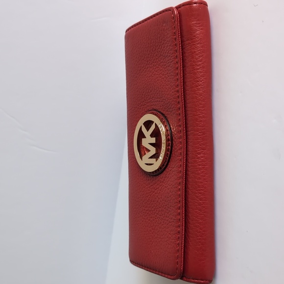 Michael Kors Fulton Continental Flap Wallet Clutch Red/Cherry Pebble Leather - Picture 8 of 12